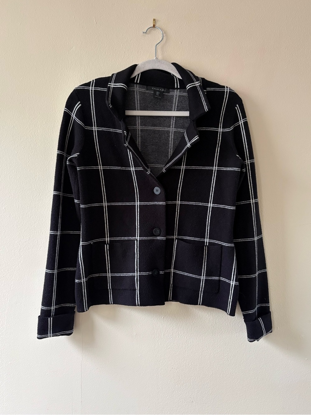 Tahari Black and White Windowpane Button Jacket
